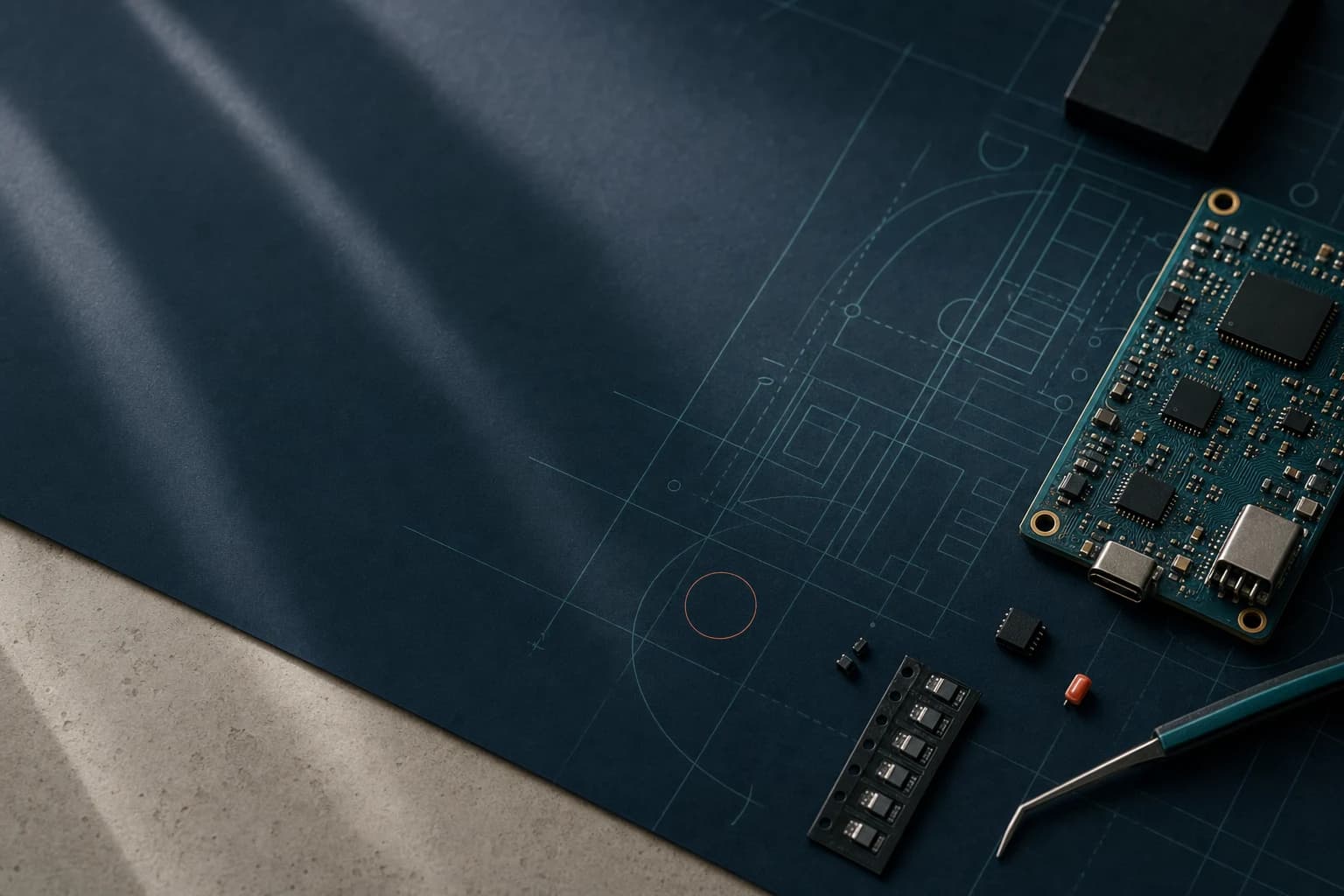 A printed electronics blueprint beside a compact circuit board