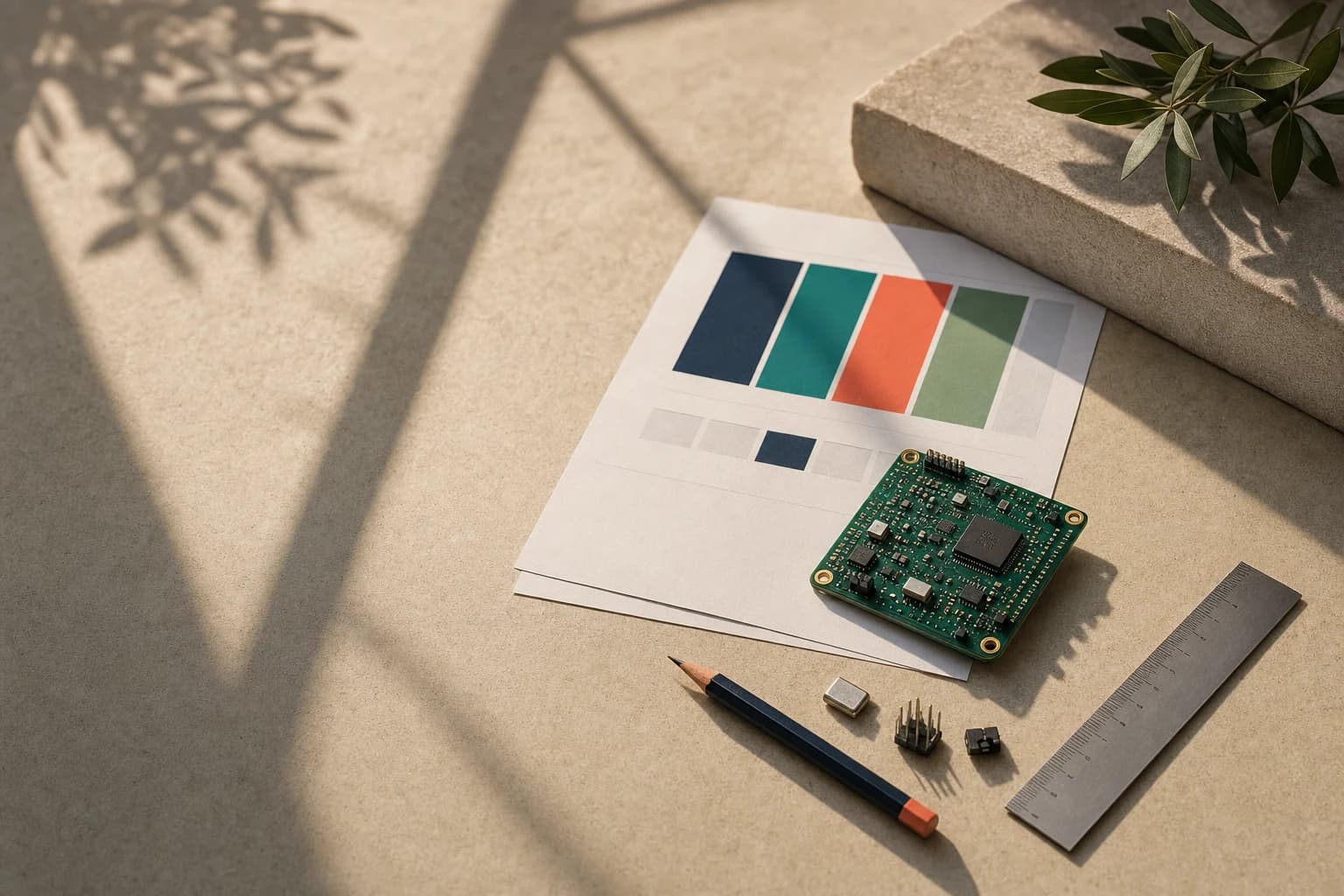 A circuit board and design materials on a sunlit table